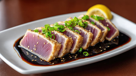 An exquisite serving of seared tuna topped with scallions and lemon, presented elegantly on a white plate with a rich soy sauce glaze. Perfect for gourmet dining.の素材