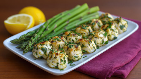 A beautifully arranged dish featuring baked appetizers paired with fresh asparagus and vibrant lemon slices, ideal for healthy eating and gathering with friends and family.の素材