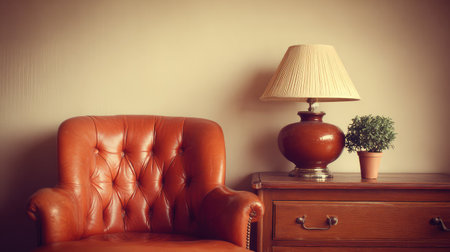 This image showcases a cozy vintage living room corner featuring a brown leather chair, an elegant lamp, and a small potted plant, creating a warm and inviting atmosphere.の素材