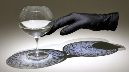 A striking image of a gloved hand gently holding a glass of water, creating beautiful shadows on a smooth surface, showcasing minimalist beauty and artistic elegance.の素材