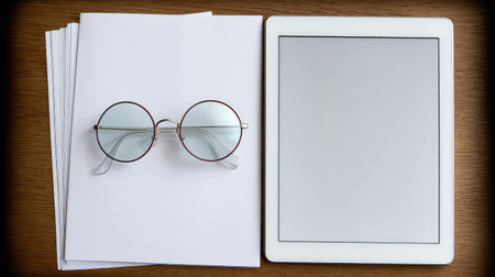 A stylish arrangement featuring round glasses, blank papers, and a modern tablet on a wooden desk, perfect for inspiring creativity and productivity in workspaces.の素材