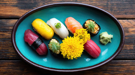 A beautiful display of assorted sushi arranged artistically on a blue plate, featuring fresh ingredients and garnished with flowers, perfect for food photography.の素材