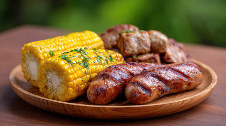 This vibrant image showcases grilled sausages alongside corn on a wooden plate, capturing the essence of summer barbecues and outdoor dining experiences.の素材