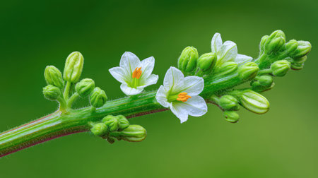 A close-up view of delicate white flowers blooming with green buds on a branch, set against a vibrant green background, capturing the essence of spring and nature's beauty.の素材