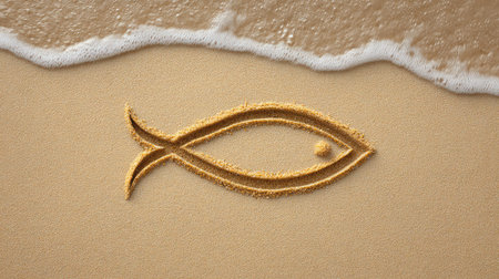 A delicate sand drawing of a fish symbol graces the beach, while gentle waves caress the shore, representing spirituality and a deep connection to nature's beauty.の素材