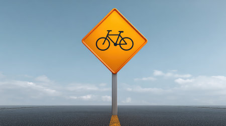 A striking yellow bicycle warning sign stands tall on an empty road, promoting awareness and safety for cyclists in a serene outdoor setting under a clear sky.の素材