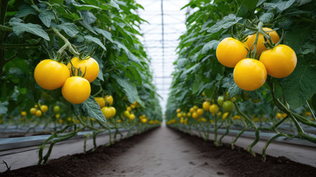 Bright yellow tomatoes thrive in a modern greenhouse, symbolizing healthy growth and efficient farming practices. Perfect for agricultural themes and nature inspirations.の素材