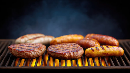This vibrant image showcases a platter of grilled burgers and sausages with rich grill marks, emitting a mouthwatering appeal against a dark, smoky backdrop.の素材