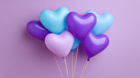A charming display of heart-shaped balloons in various shades of blue and purple set against a soft purple background, ideal for festive celebrations and romantic decorations.の素材