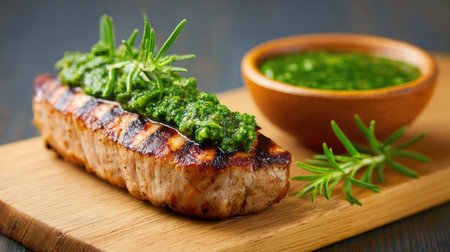 A beautifully grilled pork tenderloin topped with vibrant green sauce and fresh herbs, elegantly presented on a rustic wooden board, enhancing any culinary scene.の素材