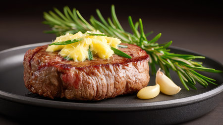 This exquisite steak presentation features a flavorful cut of beef, grilled to perfection, topped with garlic and fresh herbs, capturing the essence of fine dining.の素材