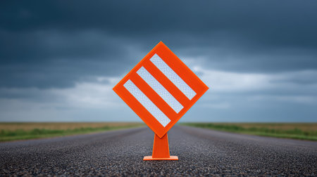 A vivid orange construction sign stands prominently on an empty highway beneath a dramatic sky, symbolizing road safety and the importance of awareness during construction.の素材