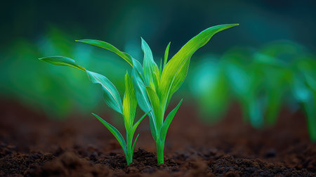Healthy corn seedlings rise from rich soil, bathed in soft morning light, showcasing the beauty of new growth and the promise of a fruitful harvest in agriculture.の素材