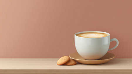 A cozy coffee cup featuring intricate latte art rests on a wooden table alongside delightful cookies, creating an inviting and warm atmosphere perfect for relaxation or home decor.の素材