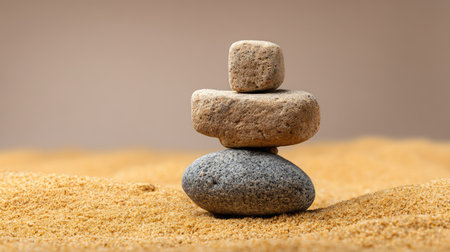 This serene image features carefully stacked stones on a bed of yellow sand, representing balance and tranquility, ideal for wellness and mindfulness themes.の素材