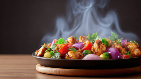 A visually appealing dish of sizzling vegetable stir-fry, showcasing vibrant colors, aromatic steam, and fresh herbs, perfect for food enthusiasts and culinary inspirations.の素材