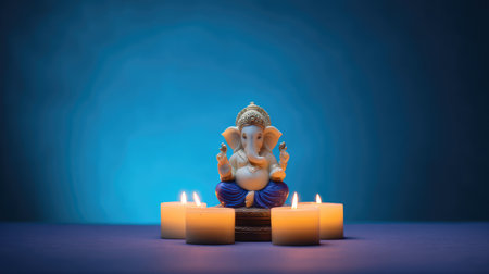 A serene Ganesh idol sits gracefully among glowing candles, creating a peaceful atmosphere perfect for meditation or spiritual reflection against a calming blue backdrop.の素材