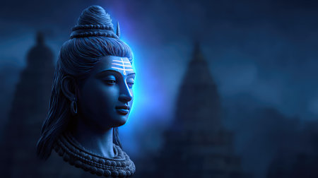 This striking blue statue of Lord Shiva emanates a peaceful aura, set against an enchanting backdrop of ancient temples, perfect for illustrating spirituality and cultural heritage.の素材