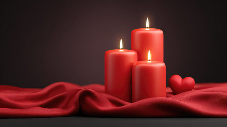 This image showcases an elegant display of three red candles with flickering flames set on rich red fabric, creating a warm and inviting atmosphere, perfect for romantic occasions.の素材