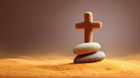 A minimalist image featuring a wooden cross balanced on smooth stones, set against soft sand. This serene scene evokes feelings of spirituality and contemplation in nature.の素材