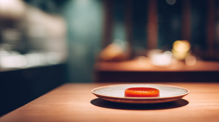 A beautifully plated vibrant dessert sits on a minimalist dish, beautifully contrasting the warm wooden table, evoking a sophisticated dining experience perfect for food lovers.の素材