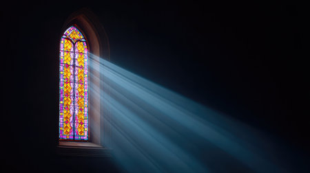 A stunning stained glass window filters sunlight into a dimly lit church, creating beautiful beams of light that enhance the serene atmosphere and inspire reflection.の素材