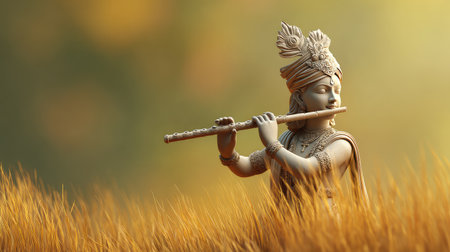 A stunning statue of a deity playing a flute stands gracefully in lush golden grass, evoking a sense of tranquility and deep connection to nature and spirituality.の素材