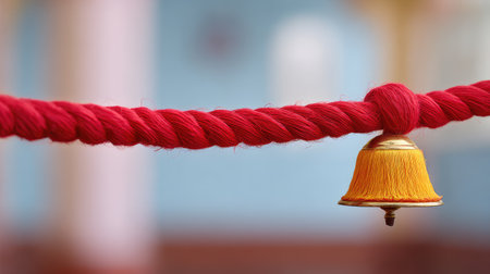 A vibrant close-up image showcasing a twisted red rope adorned with a small golden bell, symbolizing celebration and ceremony, set against a colorful backdrop.の素材