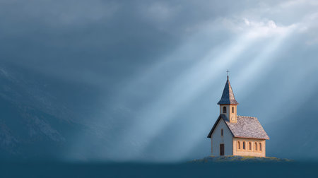 A small church is nestled on a hill, surrounded by dramatic clouds and rays of light, creating a serene and tranquil atmosphere in a picturesque landscape.の素材
