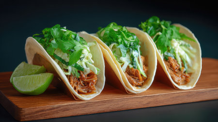 Savory trio of tacos featuring tender pulled meat, topped with fresh vegetables and cilantro, served with lime slices on a wooden platter, perfect for any meal occasion.の素材