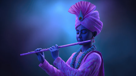 A serene and artistic portrayal of a young musician playing the flute, enveloped in vibrant colors and soft lighting, capturing cultural essence and musical beauty.の素材