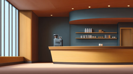Stylish coffee shop interior featuring a warm color palette, elegant wooden countertops, and ample natural light, perfect for enjoying beverages and socializing with friends.の素材