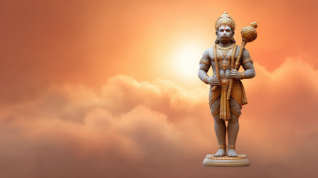 A stunning sculpture of a Hindu deity stands against a backdrop of golden clouds at sunset, representing strength, devotion, and cultural heritage through intricate artistry.の素材