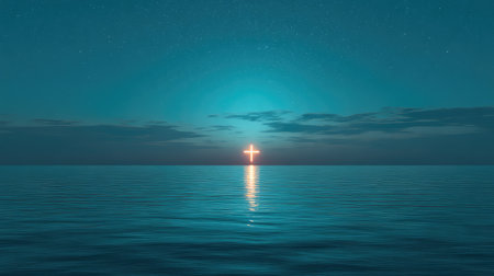 This stunning ocean scene features an illuminated cross at dusk, reflecting perfectly on tranquil waters under a starry sky, evoking feelings of peace and spirituality.の素材