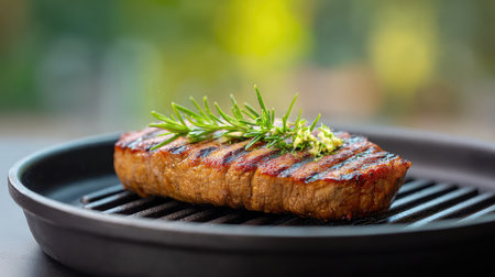 A beautifully grilled steak garnished with fresh rosemary sits elegantly on a black plate, showcasing the perfect blend of flavors and culinary presentation in natural lighting.の素材