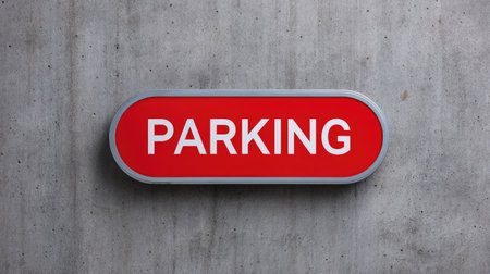 A vivid red parking sign stands out against a textured gray concrete wall, making it an ideal visual for discussions about urban environments and transportation infrastructure.の素材