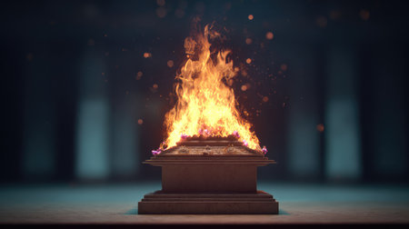 A mesmerizing display of fire erupting from a beautifully crafted structure, illuminating the surrounding space with warm light and creating a serene yet powerful atmosphere.の素材