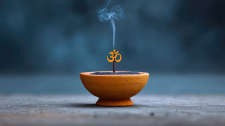 A tranquil incense holder featuring an Om symbol and delicate smoke, perfect for enhancing meditation experiences, relaxation sessions, and creating a peaceful atmosphere.の素材