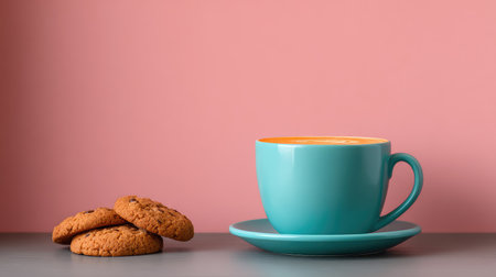 A vibrant blue cup filled with fresh coffee sits next to a stack of delicious cookies on a grey surface, contrasting beautifully with a soft pink backdrop, perfect for cozy moments.の素材