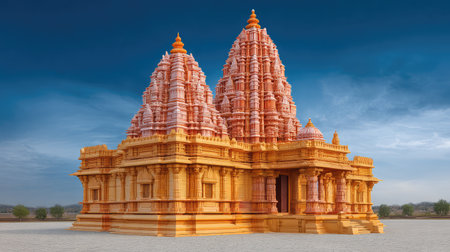 A breathtaking view of an intricately designed temple featuring twin towers, showcasing exceptional craftsmanship and cultural significance against a dramatic sky.の素材