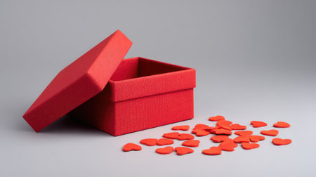 An elegant red gift box with an open lid showcases heart-shaped decorations, ideal for themes of romance and celebration, enhancing any special occasion.の素材