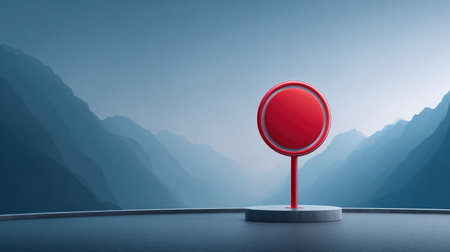 A vibrant red sign perched on a stand against a tranquil blue mountain landscape, inspiring thoughts of direction and simplicity within modern visual communication.の素材