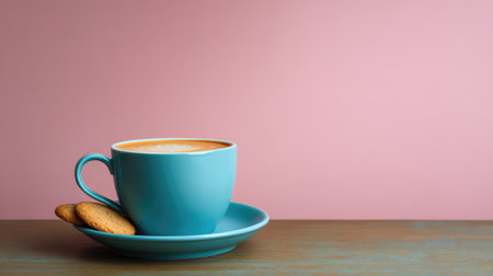 A serene coffee scene featuring a blue cup filled with creamy coffee and golden cookies, set on a wooden table against a soft pink background, perfect for relaxation.の素材
