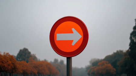 A vibrant directional arrow sign stands tall against a grey sky with autumn foliage. The sign symbolizes movement and guidance in an urban setting, evoking a sense of navigation.の素材