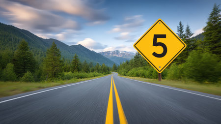 A captivating view of an empty highway bordered by lush greenery, featuring a prominent yellow speed limit sign of five, perfect for travel and nature-themed projects.の素材