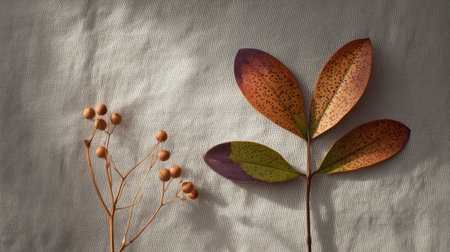 Captivating still life featuring a dried botanical arrangement of textured leaves and delicate berries on a soft fabric background, evoking a sense of tranquility and natural beauty.の素材
