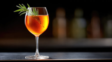A stunning cocktail elegantly displayed in a crystal glass with a fresh rosemary garnish. Ideal for showcasing vibrant drink presentations and bar ambiance.の素材