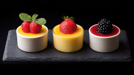 A captivating display of three creamy desserts, garnished with fresh berries and mint, elegantly presented on a slate plate against a dark backdrop, perfect for any food enthusiast.の素材