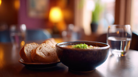 A steaming bowl of delicious soup accompanied by slices of fresh bread, set in a rustic cafの素材