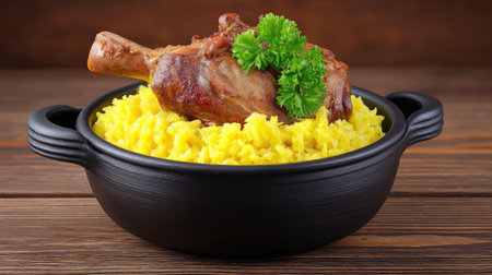 A striking dish of flavorful yellow rice topped with tender roasted meat, garnished with fresh parsley, perfect for dinner or special occasions on a rustic wooden table.の素材